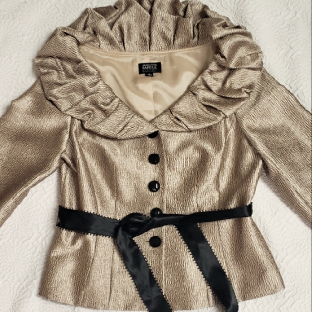 Adrianna Papell Evening Essentials gold metallic ruffle collar jacket Sz 10